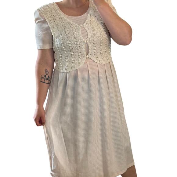 80s Vintage Cottage Core Midi Dress Crochet Vest Pastel Pink Gingham Prairie - Picture 9 of 10